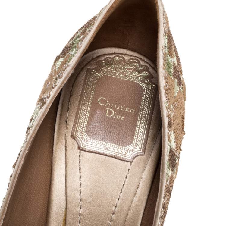 Pre Owned Christian Dior Gold/Bronze Sequin Embellished Satin Peep Toe Platform Pumps Size 38.5