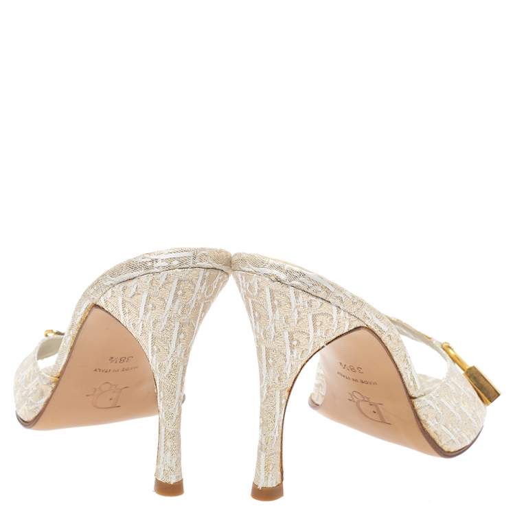 Pre Owned Dior Cream/Gold Diorissimo Canvas Lock And Key Embellished Slide Sandals Size 38.5