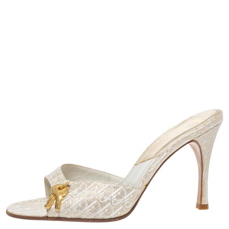 Pre Owned Dior Cream/Gold Diorissimo Canvas Lock And Key Embellished Slide Sandals Size 38.5