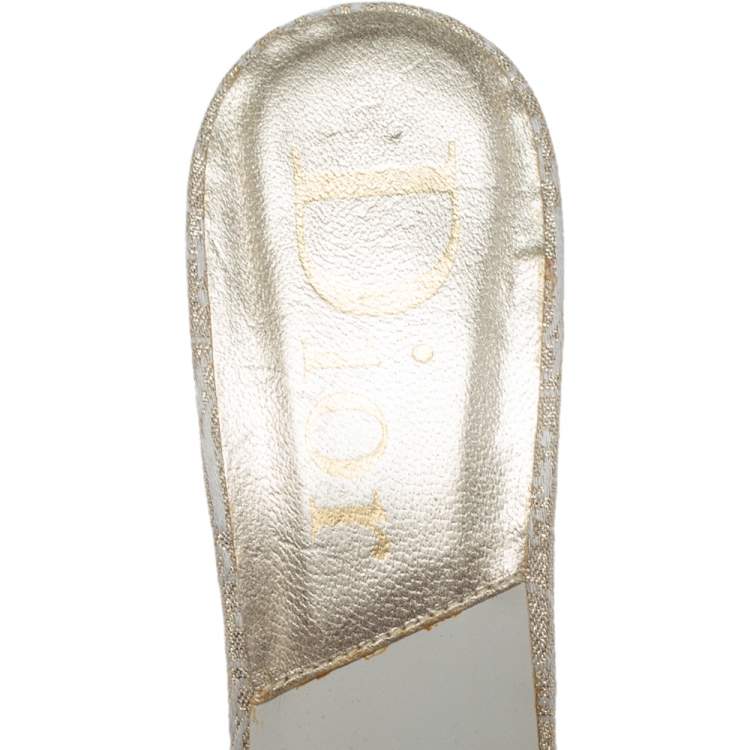 Pre Owned Dior Cream/Gold Diorissimo Canvas Lock And Key Embellished Slide Sandals Size 38.5