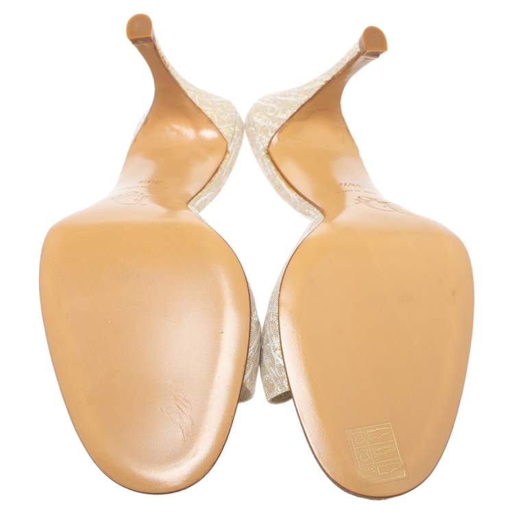 Pre Owned Dior Cream/Gold Diorissimo Canvas Lock And Key Embellished Slide Sandals Size 38.5