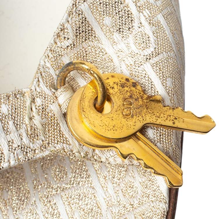 Pre Owned Dior Cream/Gold Diorissimo Canvas Lock And Key Embellished Slide Sandals Size 38.5
