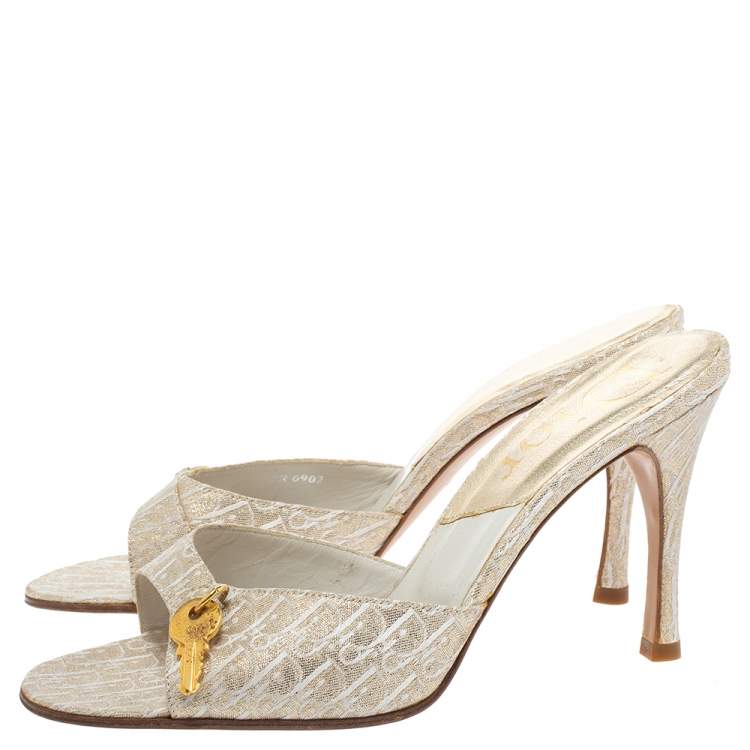 Pre Owned Dior Cream/Gold Diorissimo Canvas Lock And Key Embellished Slide Sandals Size 38.5