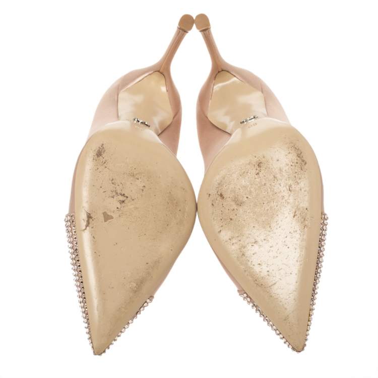 Pre Owned Dior Beige Satin Dew Crystal Embellished Pointed Toe Pumps Size 38