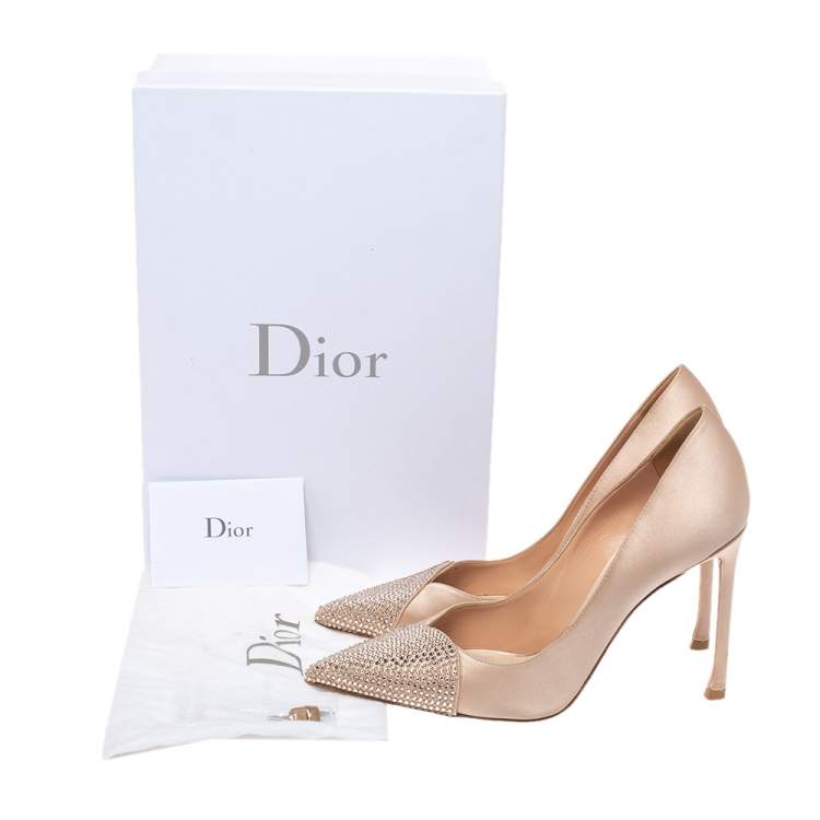 Pre Owned Dior Beige Satin Dew Crystal Embellished Pointed Toe Pumps Size 38