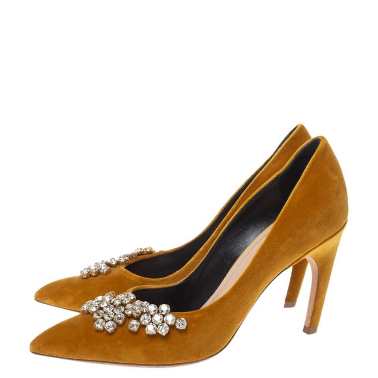 Pre Owned Dior Mustard Yellow Suede Embellished Pointed Toe Pumps Size 40