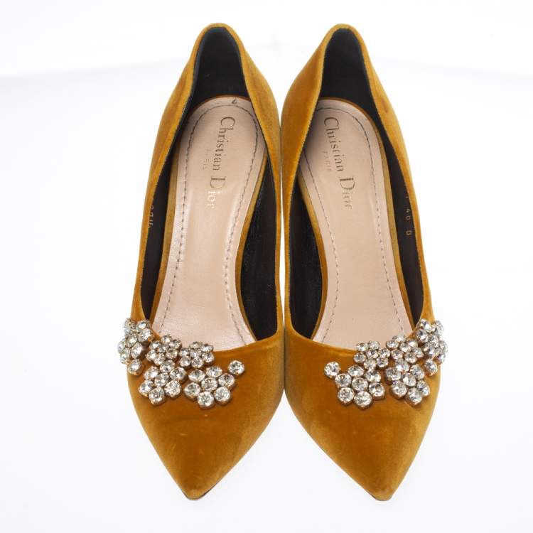 Pre Owned Dior Mustard Yellow Suede Embellished Pointed Toe Pumps Size 40