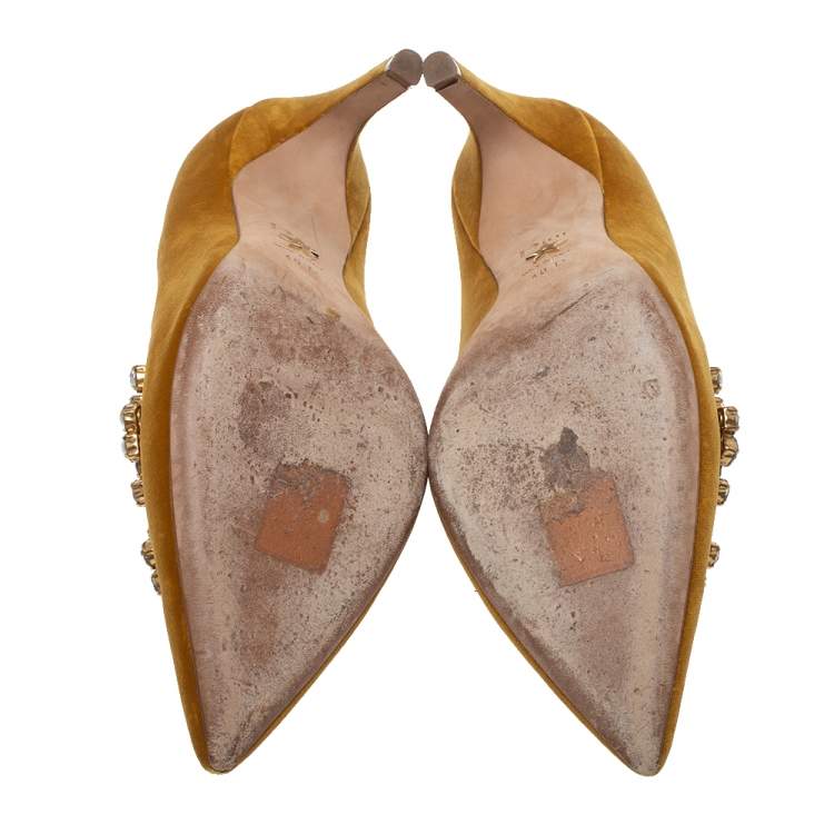 Pre Owned Dior Mustard Yellow Suede Embellished Pointed Toe Pumps Size 40