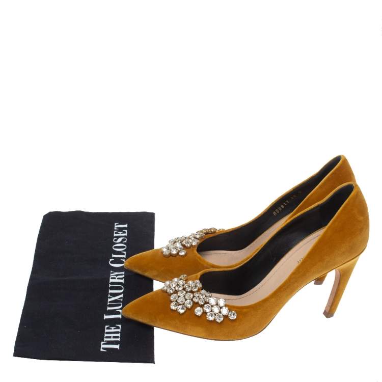 Pre Owned Dior Mustard Yellow Suede Embellished Pointed Toe Pumps Size 40
