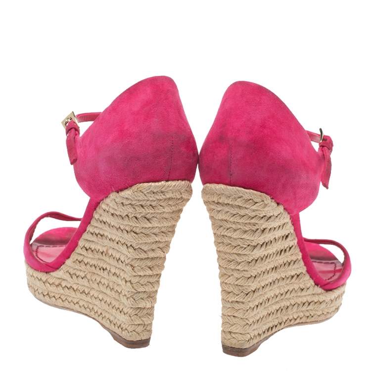 Pre Owned Dior Pink Suede Optique Wedge Ankle Strap Sandals Size 39.5
