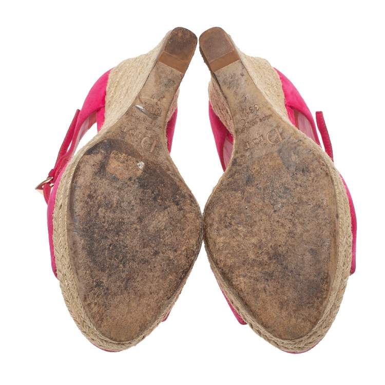 Pre Owned Dior Pink Suede Optique Wedge Ankle Strap Sandals Size 39.5
