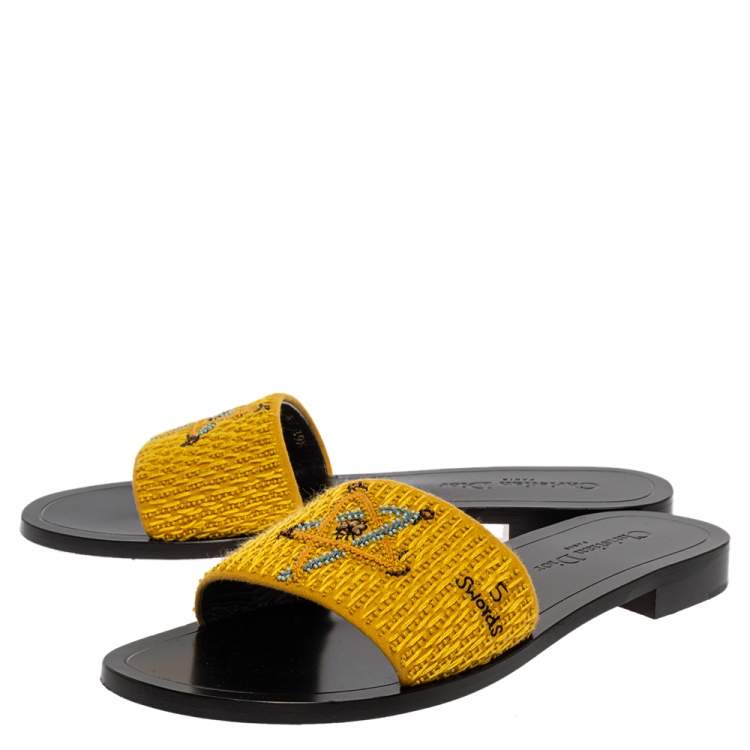 Pre Owned Dior Yellow Tarot Embroidered Fabric Flat Slides Size 39.5