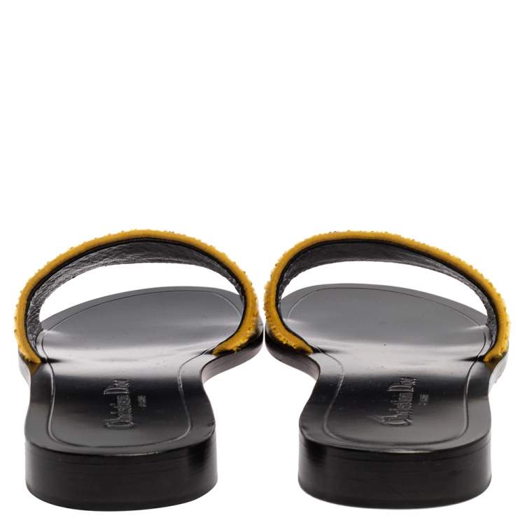 Pre Owned Dior Yellow Tarot Embroidered Fabric Flat Slides Size 39.5