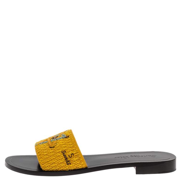 Pre Owned Dior Yellow Tarot Embroidered Fabric Flat Slides Size 39.5