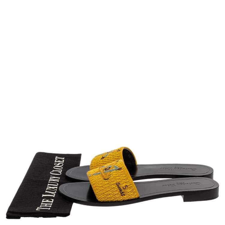Pre Owned Dior Yellow Tarot Embroidered Fabric Flat Slides Size 39.5