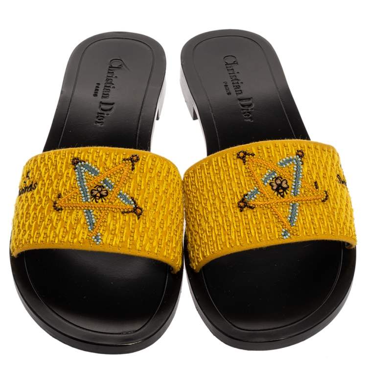 Pre Owned Dior Yellow Tarot Embroidered Fabric Flat Slides Size 39.5
