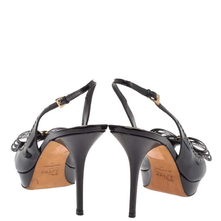 Pre Owned Dior Black Patent Leather Cannage Bow Detail 'Butterfly' Slingback Pumps Size 41
