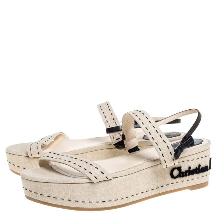 Pre Owned Dior Beige Canvas Ankle Strap Platform Sandals Size 41