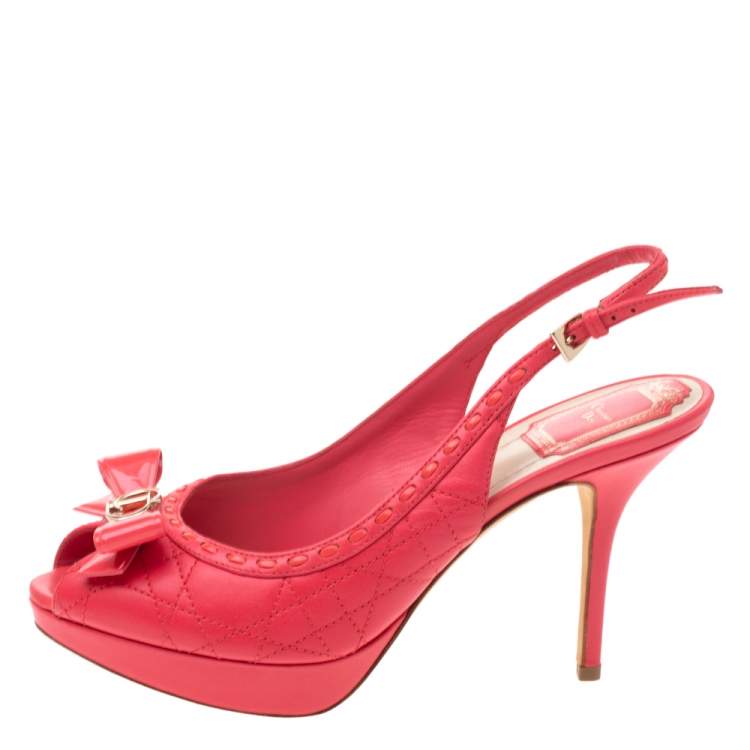 Pre Owned Dior Coral Red Cannage Leather Bow Slingback Peep Toe Platform Sandals Size 37.5
