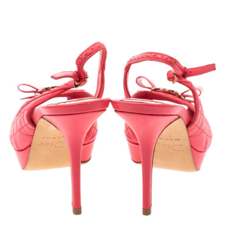 Pre Owned Dior Coral Red Cannage Leather Bow Slingback Peep Toe Platform Sandals Size 37.5