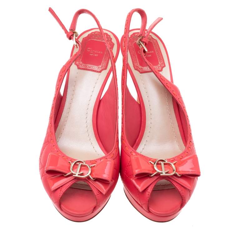 Pre Owned Dior Coral Red Cannage Leather Bow Slingback Peep Toe Platform Sandals Size 37.5