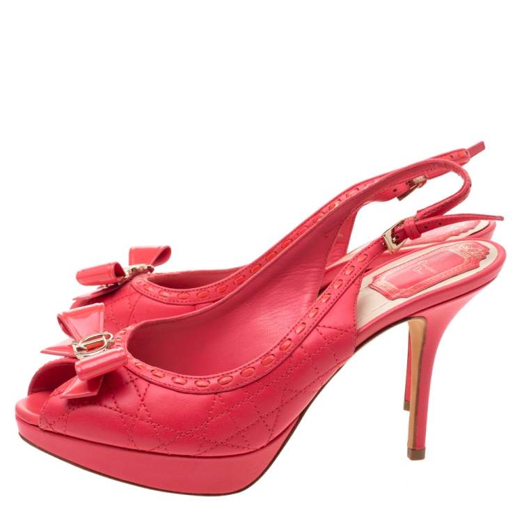 Pre Owned Dior Coral Red Cannage Leather Bow Slingback Peep Toe Platform Sandals Size 37.5