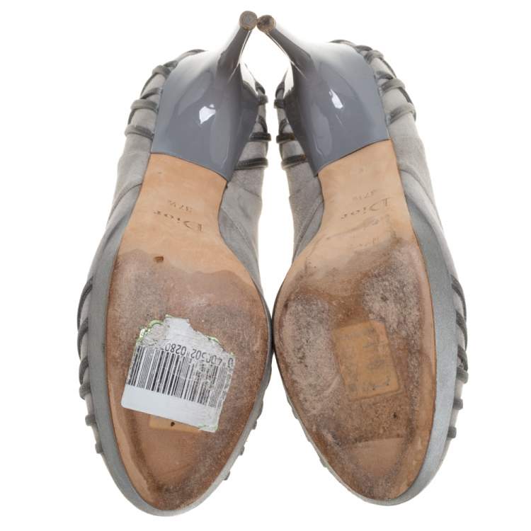 Pre Owned Dior Grey Suede Leather And Satin Platform Pumps Size 37.5