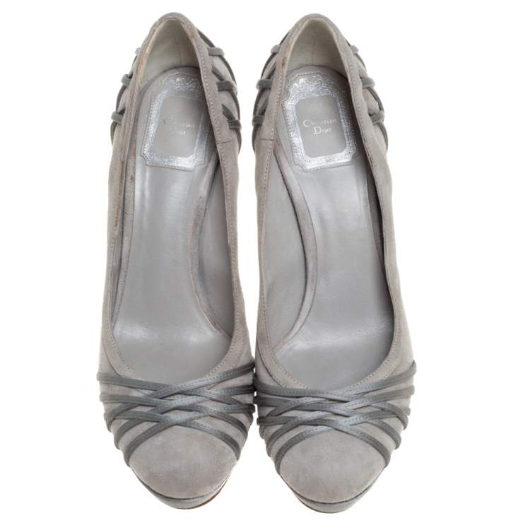 Pre Owned Dior Grey Suede Leather And Satin Platform Pumps Size 37.5