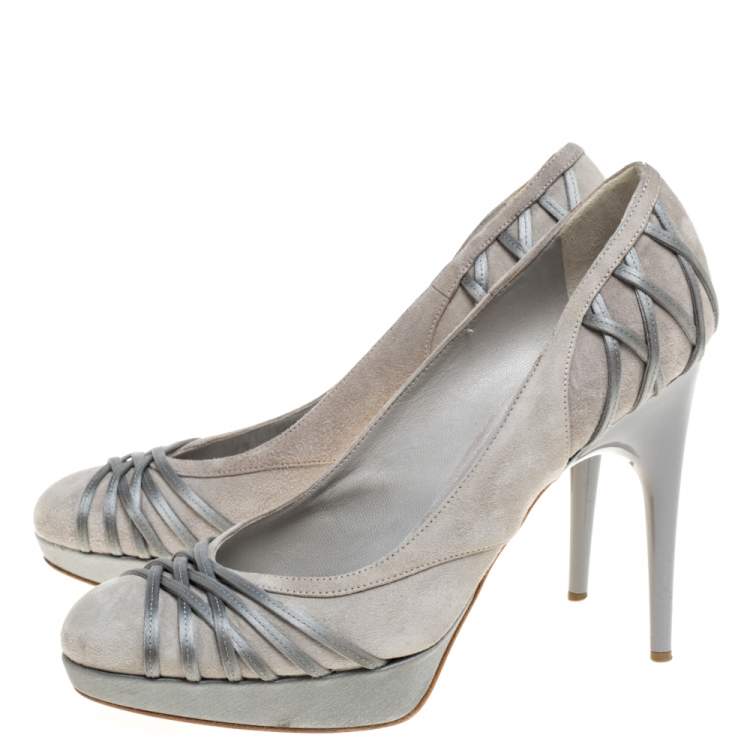 Pre Owned Dior Grey Suede Leather And Satin Platform Pumps Size 37.5