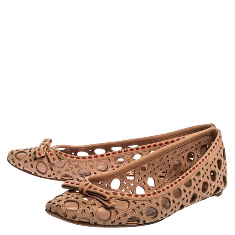 Pre Owned Dior Beige Leather Laser Cut Out Bow Ballet Flats Size 39