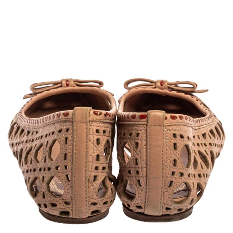 Pre Owned Dior Beige Leather Laser Cut Out Bow Ballet Flats Size 39
