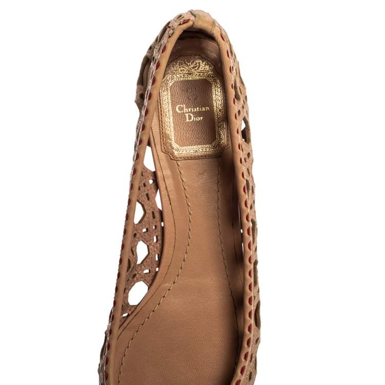 Pre Owned Dior Beige Leather Laser Cut Out Bow Ballet Flats Size 39
