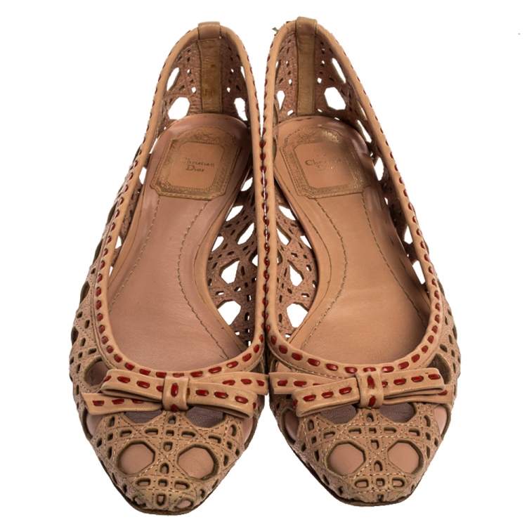 Pre Owned Dior Beige Leather Laser Cut Out Bow Ballet Flats Size 39
