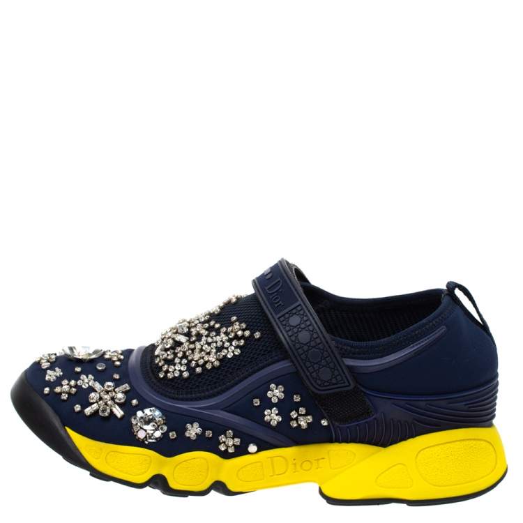 Pre Owned Dior Blue Fabric And Mesh Neoprene Fusion Embellished Low-Top Sneakers Size 37