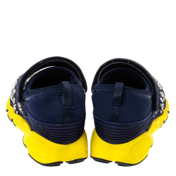 Pre Owned Dior Blue Fabric And Mesh Neoprene Fusion Embellished Low-Top Sneakers Size 37