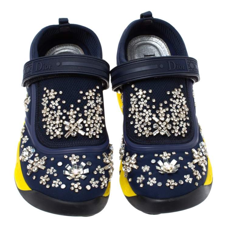 Pre Owned Dior Blue Fabric And Mesh Neoprene Fusion Embellished Low-Top Sneakers Size 37
