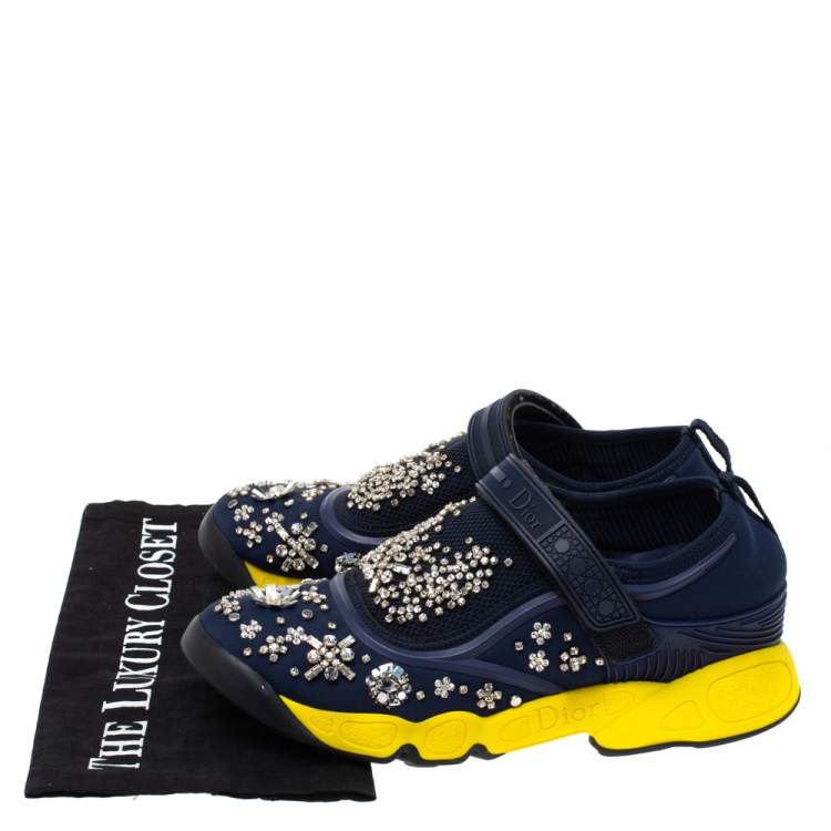 Pre Owned Dior Blue Fabric And Mesh Neoprene Fusion Embellished Low-Top Sneakers Size 37