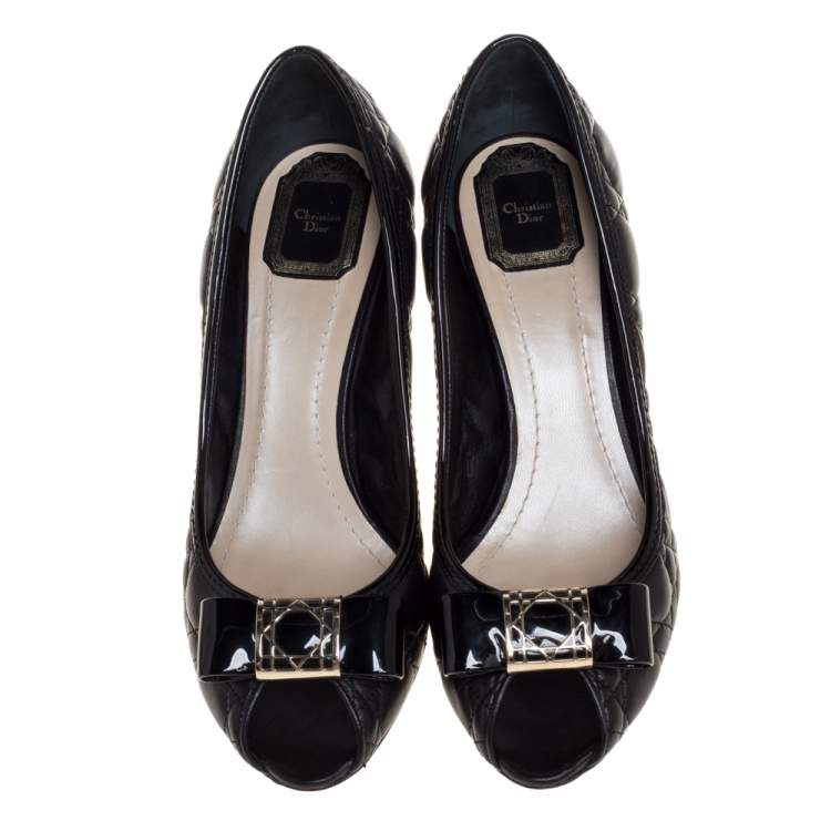 Dior Black Leather Cannage Bow Peep Toe Pumps Size 40