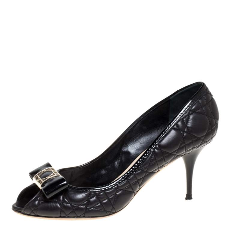 Dior Black Leather Cannage Bow Peep Toe Pumps Size 40