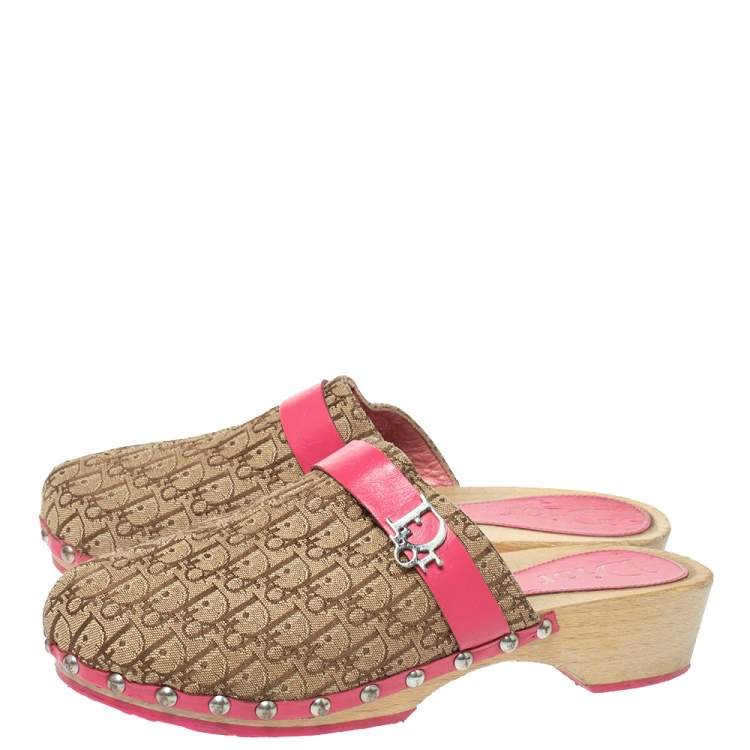 Pre Owned Dior Pink/White Diorissimo Canvas And Leather Trim Clog Mules Size 34