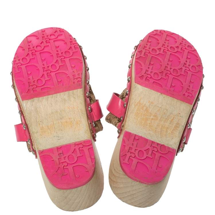 Pre Owned Dior Pink/White Diorissimo Canvas And Leather Trim Clog Mules Size 34