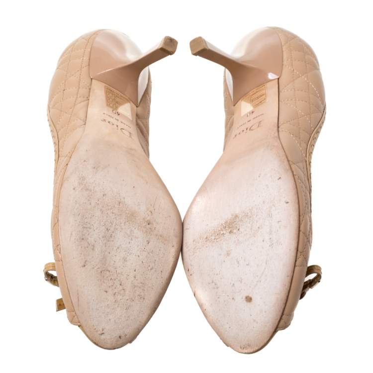 Pre Owned Dior Beige Leather Cannage Quilted Peep Toe Bow Pumps Size 40