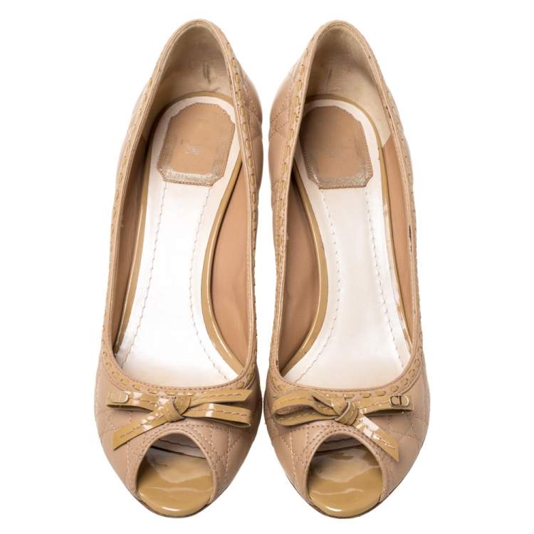 Pre Owned Dior Beige Leather Cannage Quilted Peep Toe Bow Pumps Size 40