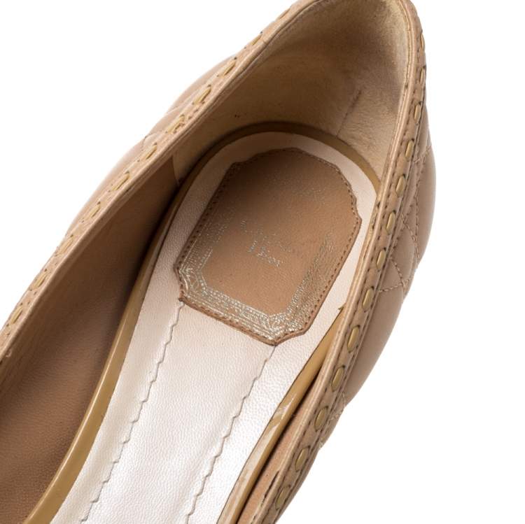 Pre Owned Dior Beige Leather Cannage Quilted Peep Toe Bow Pumps Size 40