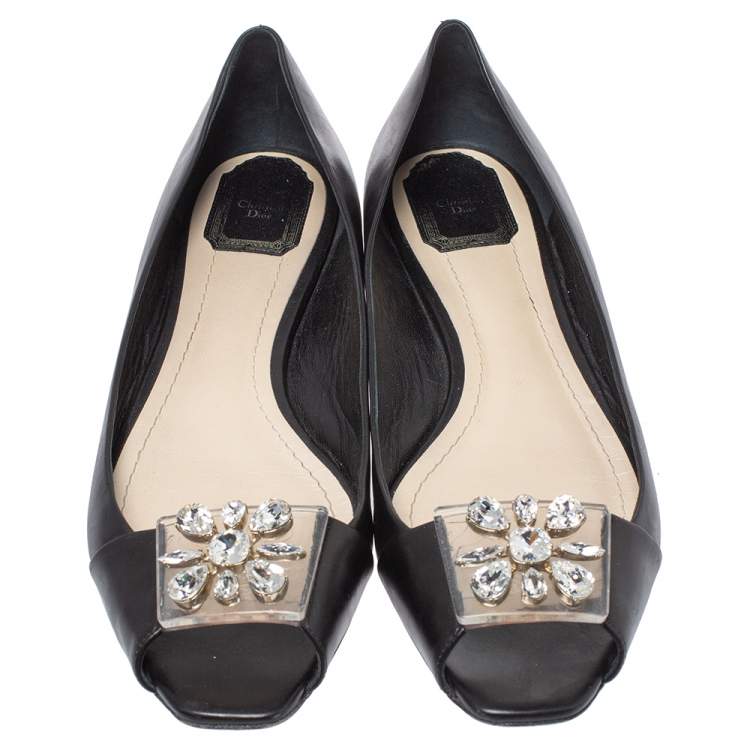 Pre Owned Dior Black Leather Crystal Embellished Peep Toe Pumps Size 41