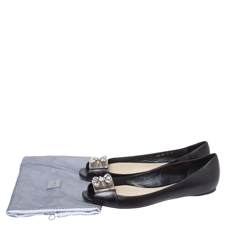 Pre Owned Dior Black Leather Crystal Embellished Peep Toe Pumps Size 41