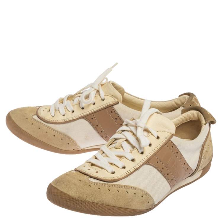 Pre Owned Dior Beige/White Brogue Suede, Leather and Canvas Low Top Sneakers Size 37.5