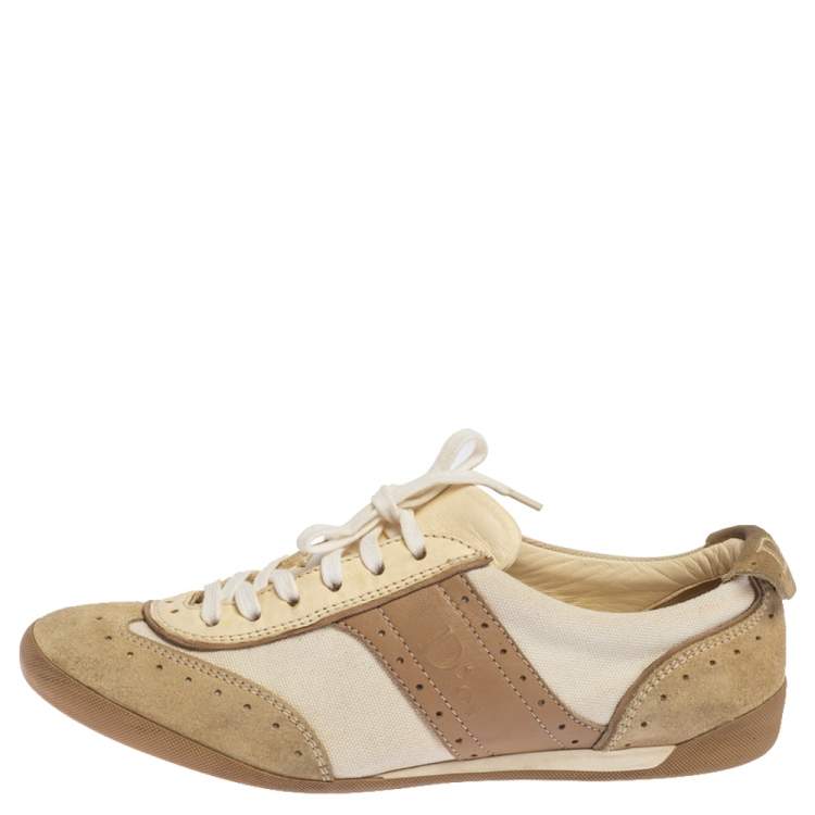 Pre Owned Dior Beige/White Brogue Suede, Leather and Canvas Low Top Sneakers Size 37.5
