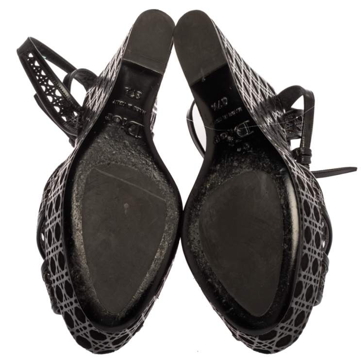 Pre Owned Dior Black Leather Cannage Cutout Ankle Strap Wedge Platform Sandals Size 37.5