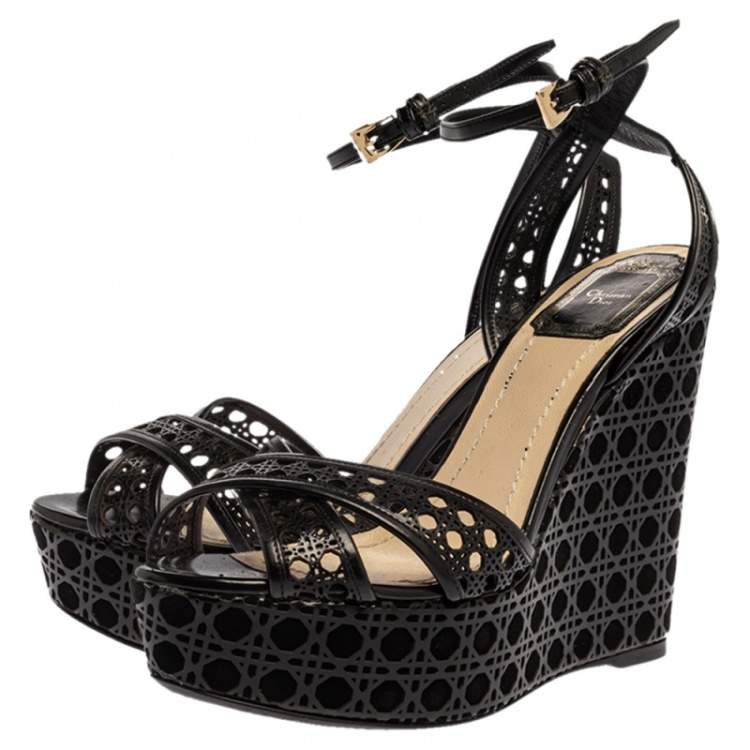 Pre Owned Dior Black Leather Cannage Cutout Ankle Strap Wedge Platform Sandals Size 37.5